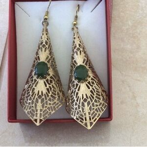 Vintage Gold Colored Pierced Earrings with a Jade Stone.